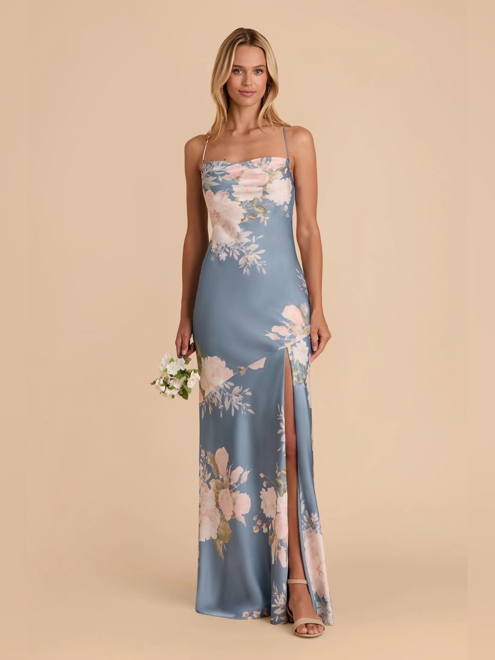 Birdy Grey Blue Floral Satin Maxi Dress with Pink Flowers
